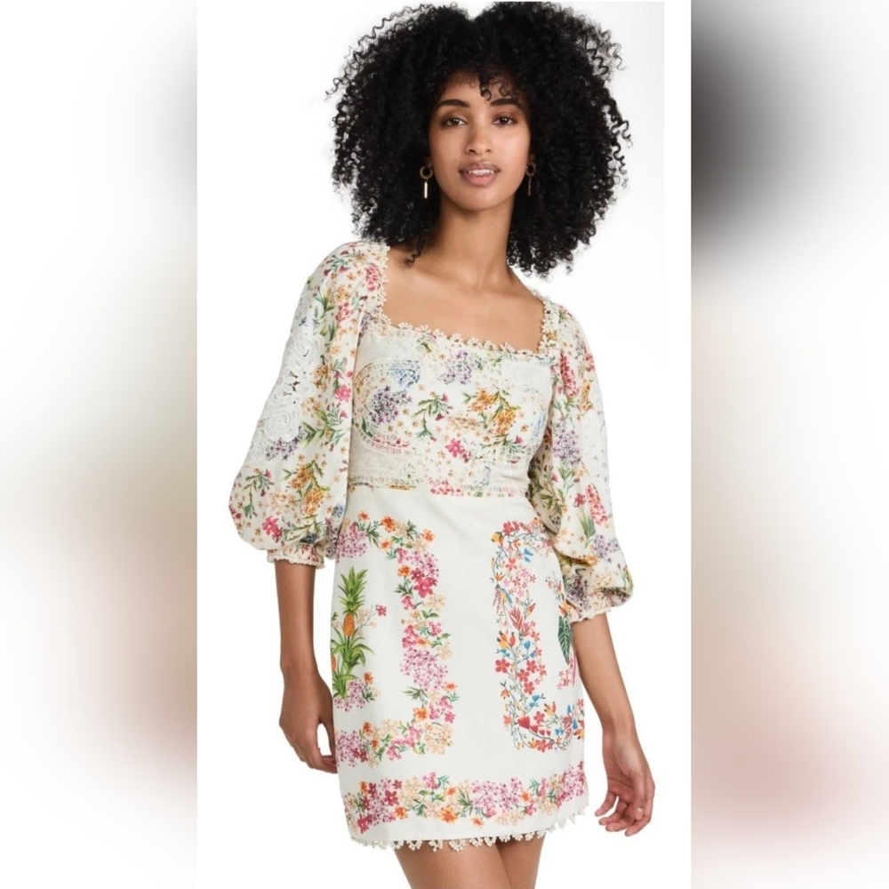 Farm Rio Anthropologie Delicate Forest Scarves Billowy-Sleeve Embroidered Mini